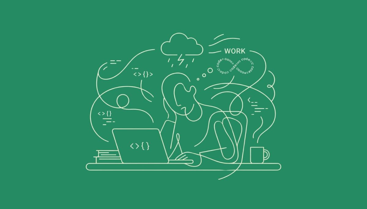 Illustration of a stressed developer sitting at a laptop with code symbols and a storm cloud overhead, representing burnout in engineering work.