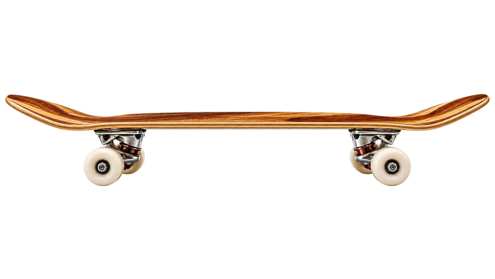 Handcrafted wooden skateboard rolling from right to center