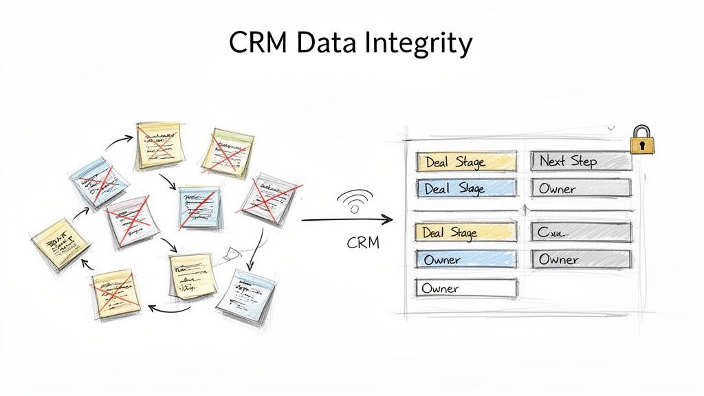 Diagram illustrating the transformation from disorganized, error-prone notes to structured, secure CRM data.