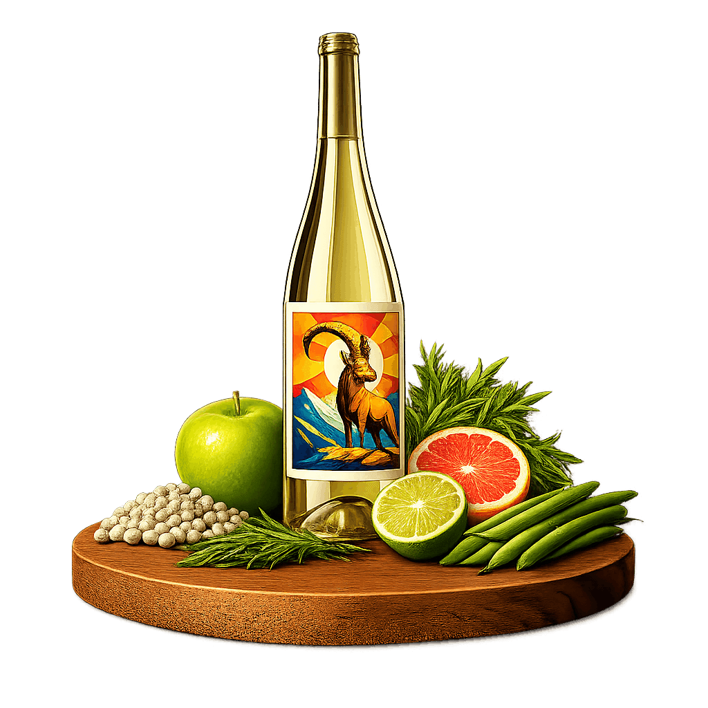 Artistic label and flavor profile for Austrian Grüner Veltliner on a rustic wooden table.