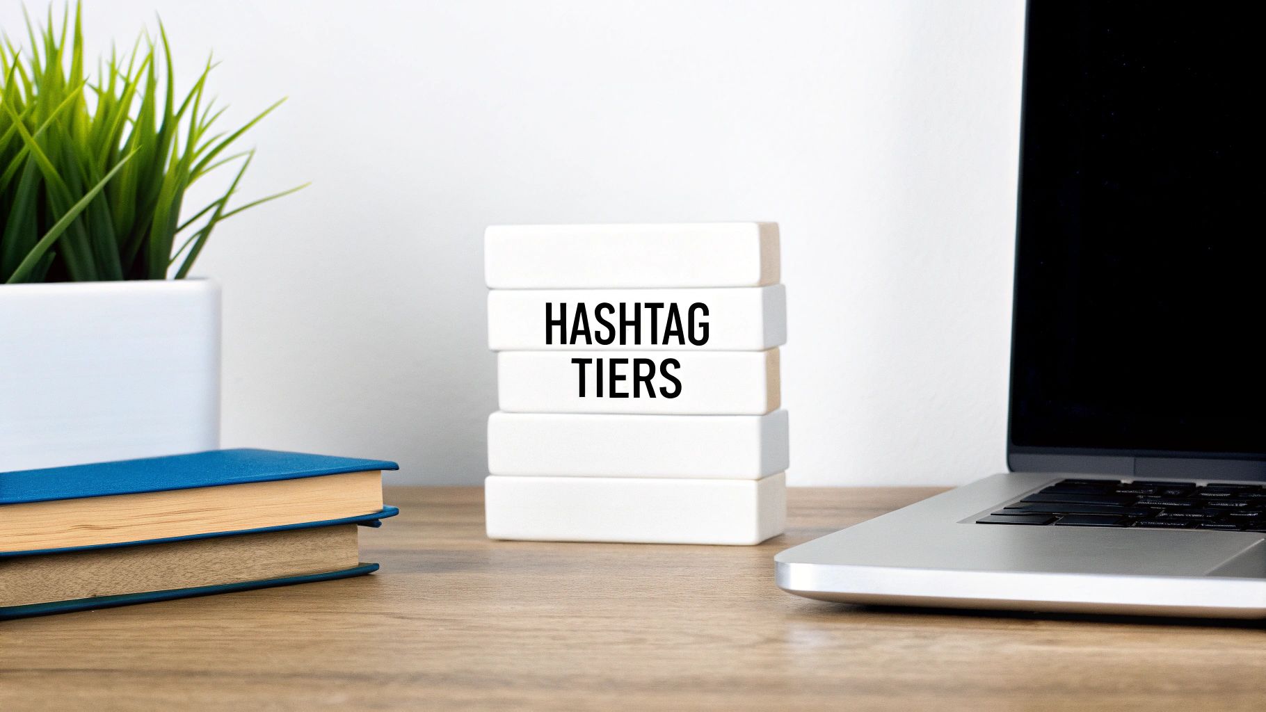 A stack of white blocks on a wooden desk spelling 'HASHTAG TIERS', next to a plant, books, and laptop.