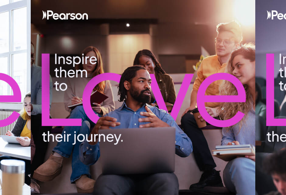 A diverse group of people sit together indoors, engaged in discussion, with the text Inspire them to love their journey and a Pearson logo overlaid—showcasing brand authenticity and a real connection with audience.
