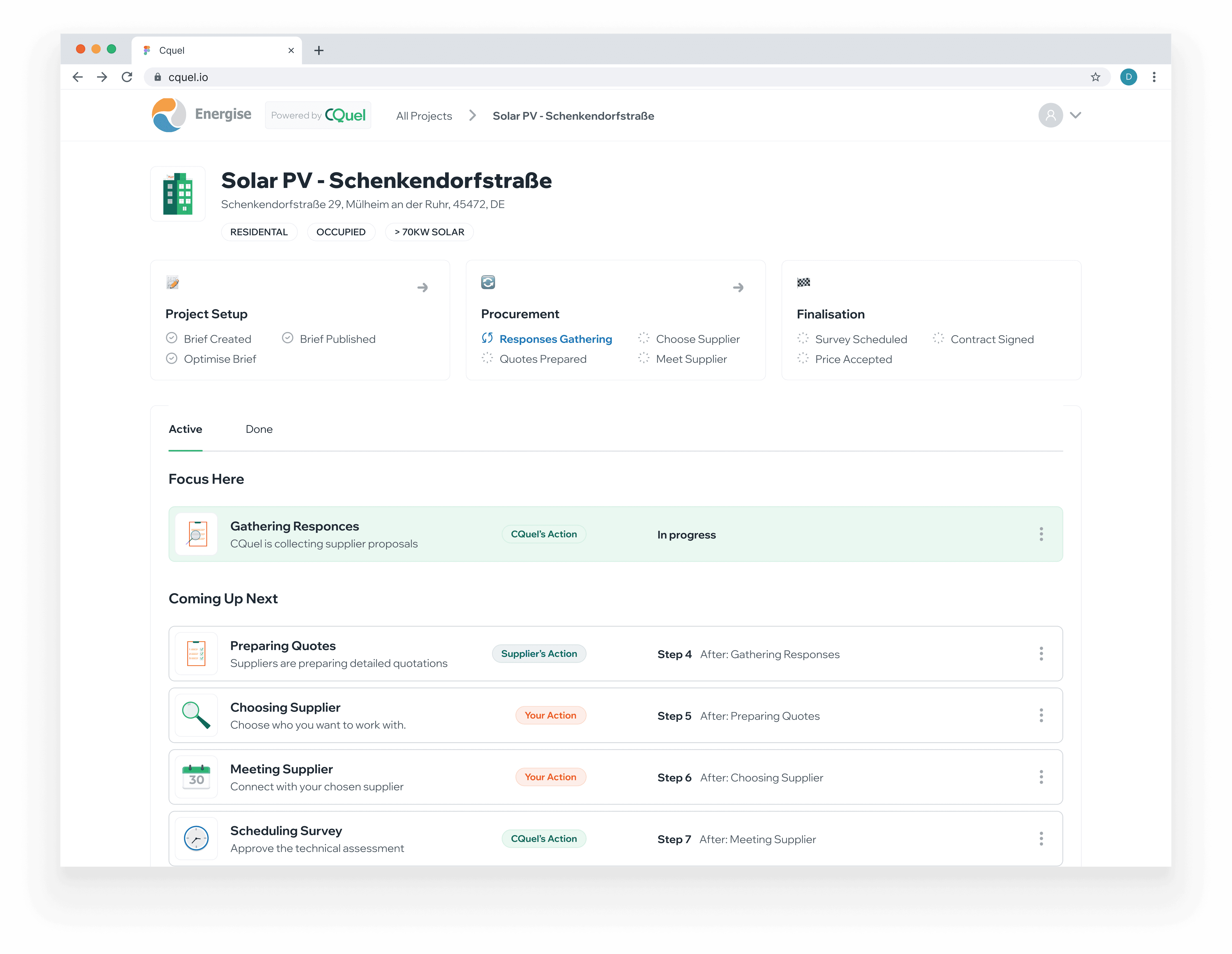 Solar PV project detail page showing three-phase progress tracker (Project Setup, Procurement, Finalisation), Focus Here current action, and Coming Up Next steps with responsibility labels