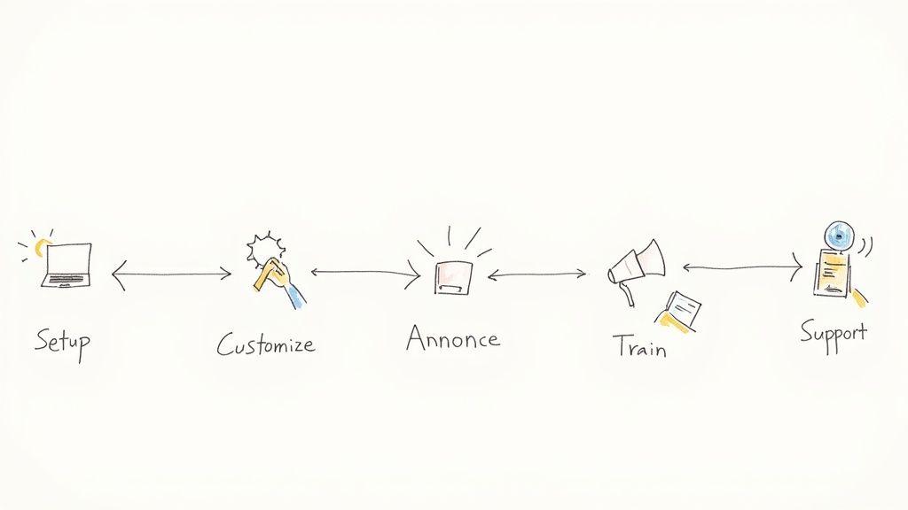 A church volunteer helping a member set up online giving on a tablet.