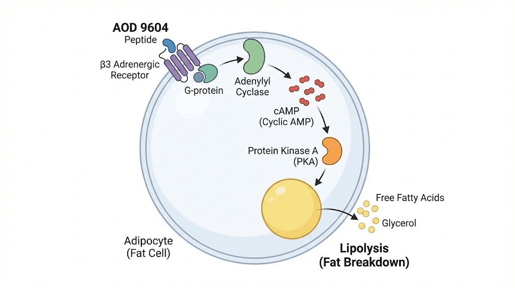 AOD 9604 peptide mechanism of action on fat cell beta-3 adrenergic receptor