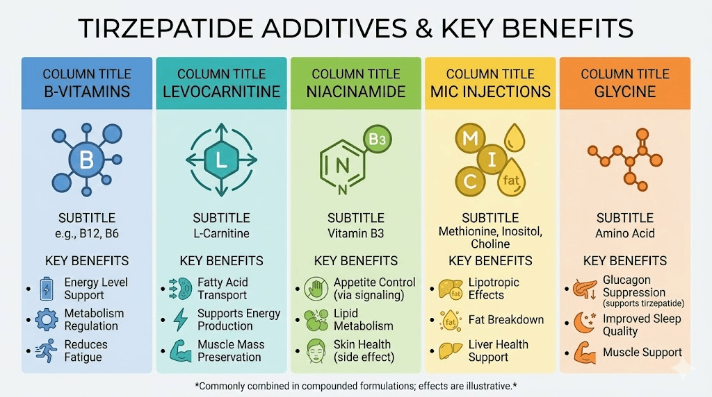 Tirzepatide compound additives comparison chart L-carnitine B12 glycine niacinamide