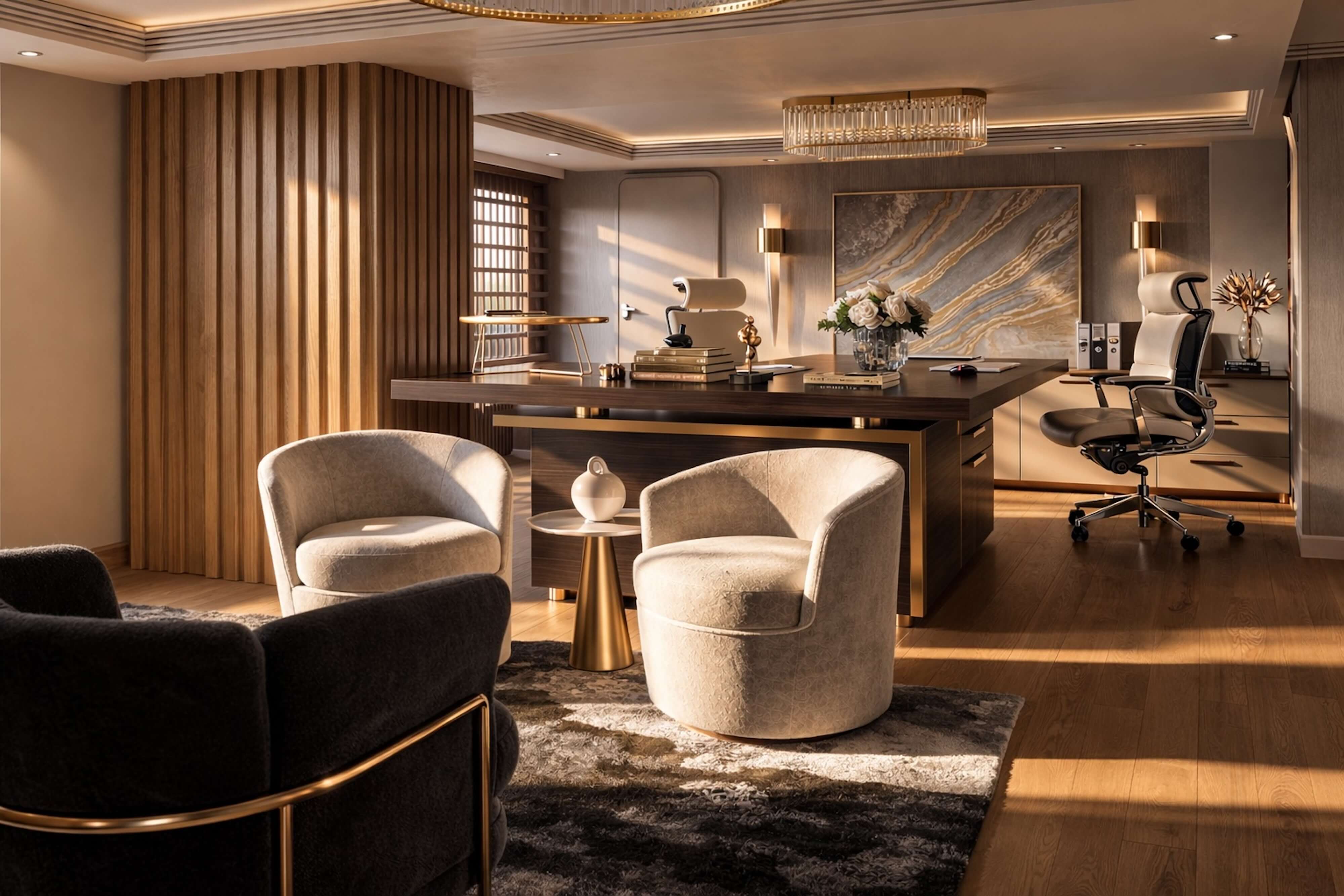 Luxurious home office with executive desk, lounge chairs, and layered lighting
