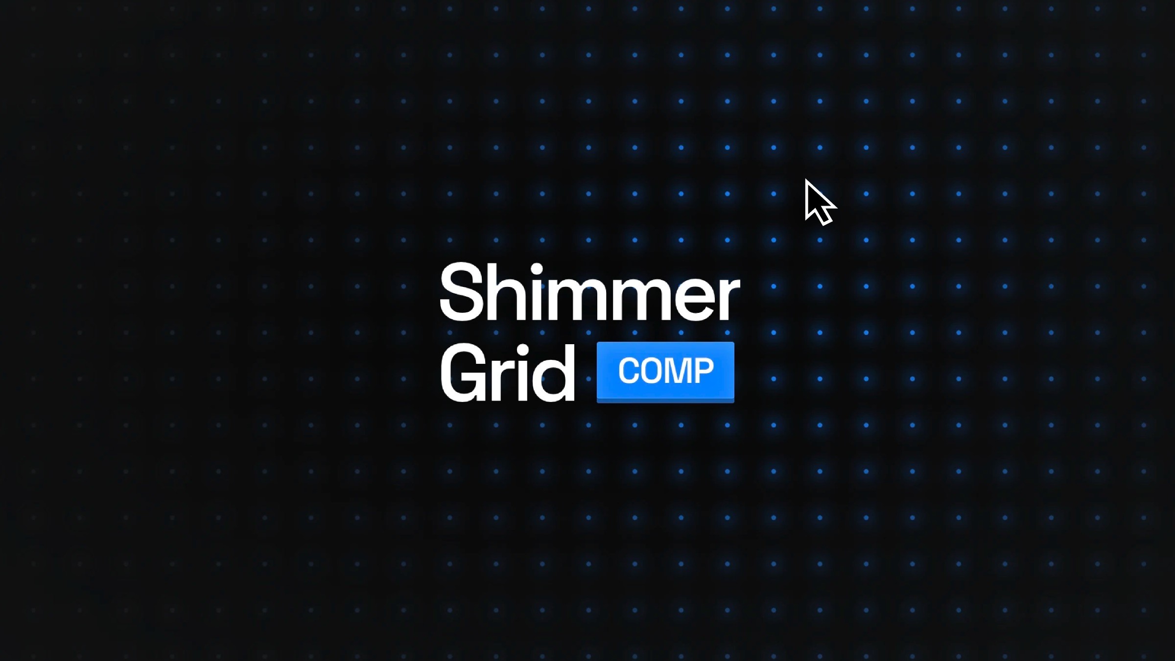 Digital interface showcasing 'Shimmer Grid COMP' with a light blue dot matrix on a dark background, highlighting a UI component for web design