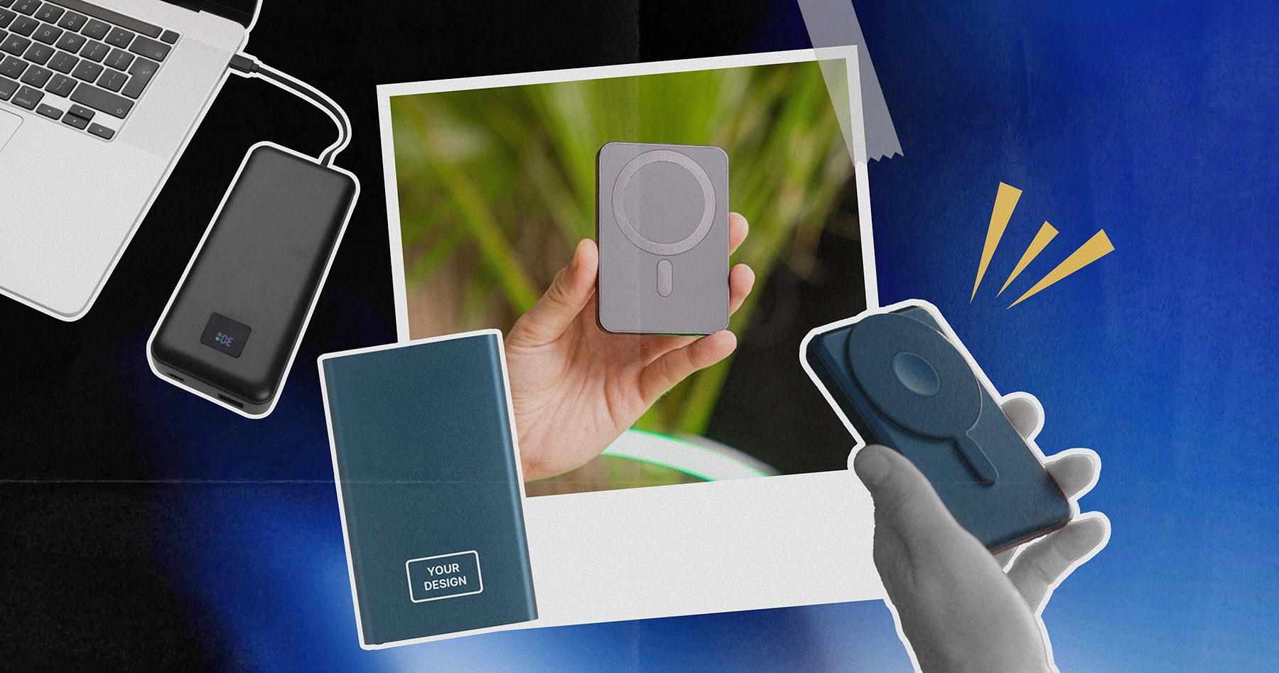 Branded wireless power banks and MagSafe chargers for employees' Christmas tech gifts.