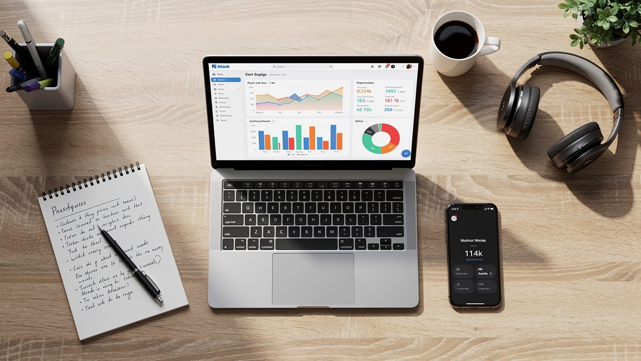 Overhead view of desk with analytics and performance data