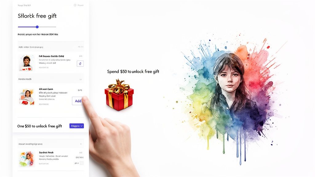 User interface showing a free gift promotion with a hand clicking 'Add' to unlock a gift.