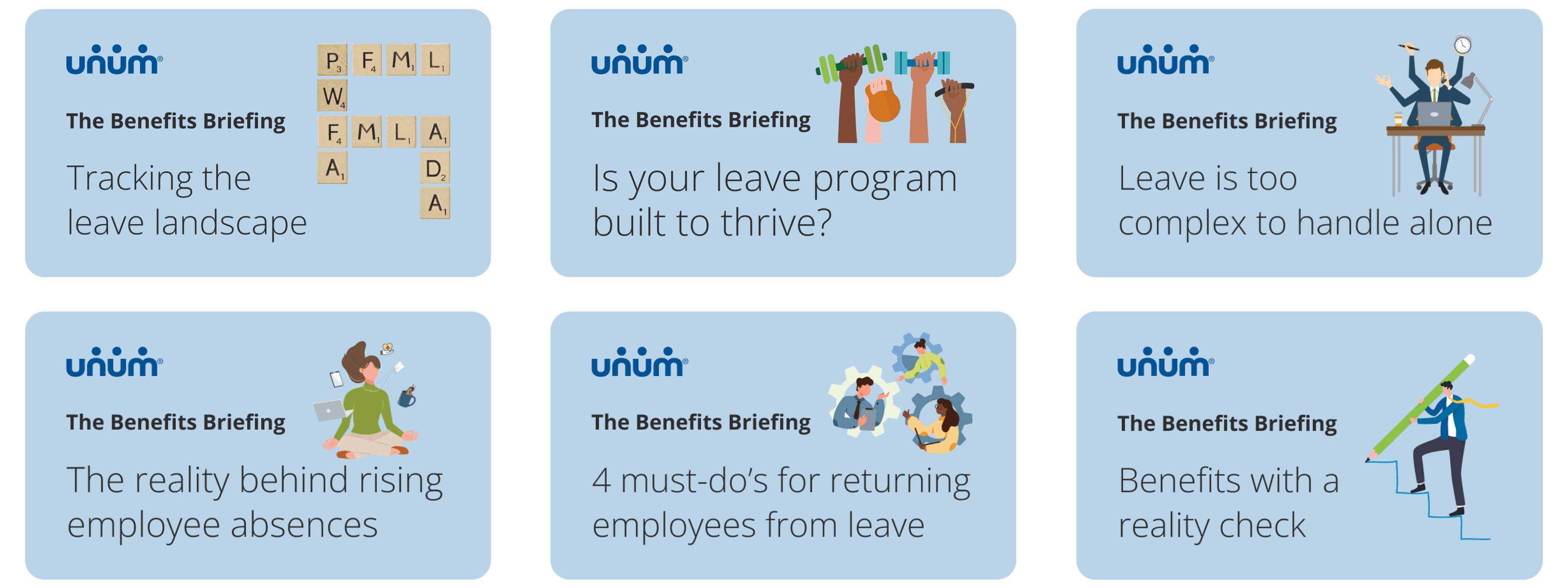 A grid of six Benefits Briefing newsletter covers showing consistent visual identity across different topics.