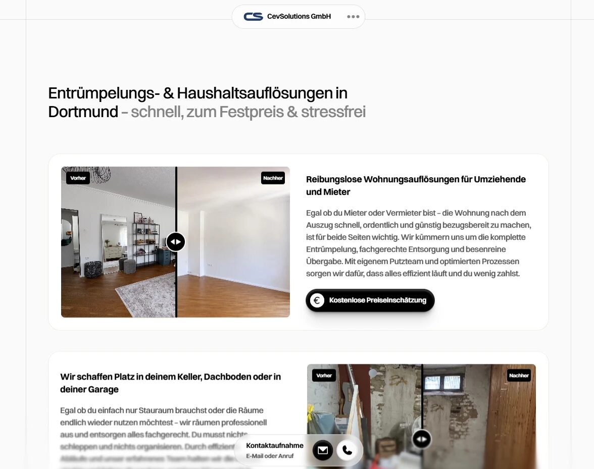 Screenshot: Startseite der CevSolutions GmbH – Überschrift „Entrümpelungs- & Haushaltsauflösungen in Dortmund – schnell, zum Festpreis & stressfrei“, Vorher-Nachher-Bilder, Button „Kostenlose Preiseinschätzung“ und eine feste Kontaktleiste mit E-Mail und Telefon