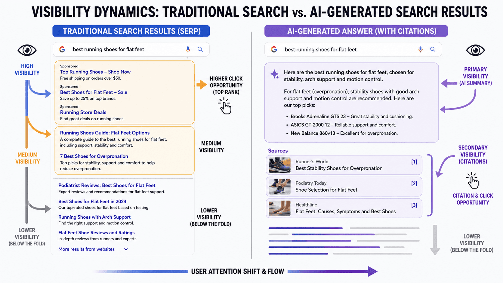 Diagram contrasting a traditional ten-blue-links results page with an AI-generated answer citing three source pages, showing where visibility is won in each format.