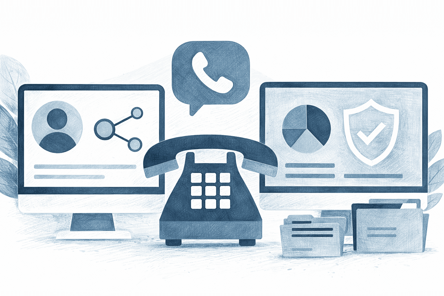 A computer screen representing a CRM, a phone representing a dialer, and a dashboard representing an agency management system