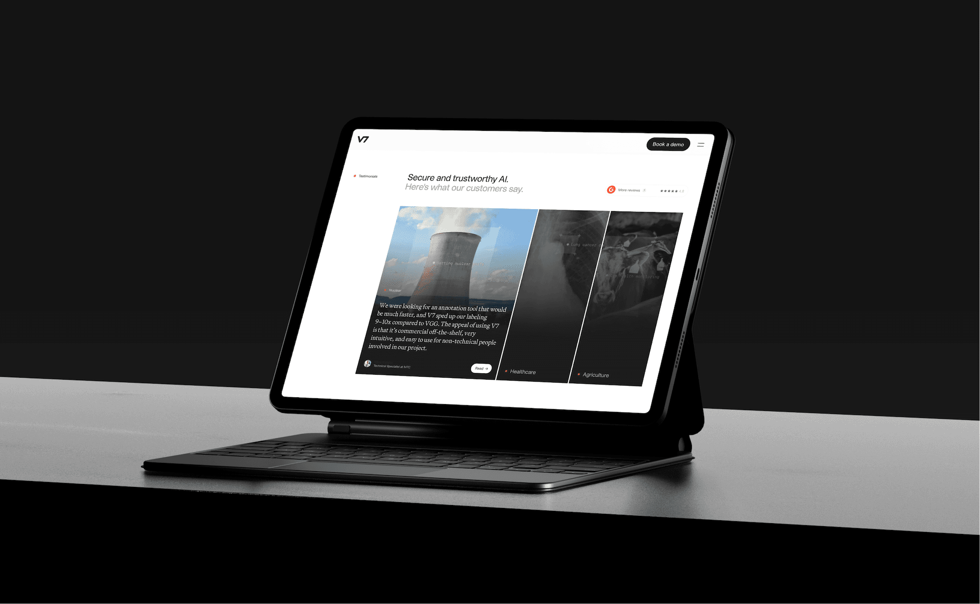 Laptop displaying V7 Labs Darwin testimonials section — V7 Labs case study by Boldway Studio