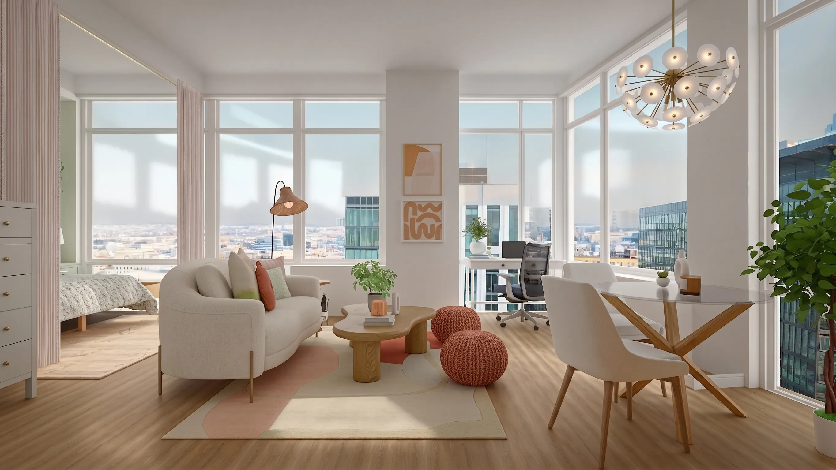 3D-rendered modern living room and kitchen interior featuring exposed wood ceiling beams, mid-century modern furniture, neutral-toned sectional with colorful throw pillows, abstract wall art, and large windows with mustard drapes. Includes open-concept design, fireplace with marble surround, built-in shelving, and warm wood flooring—ideal for home staging, e-design portfolios, or contemporary interior design inspiration.