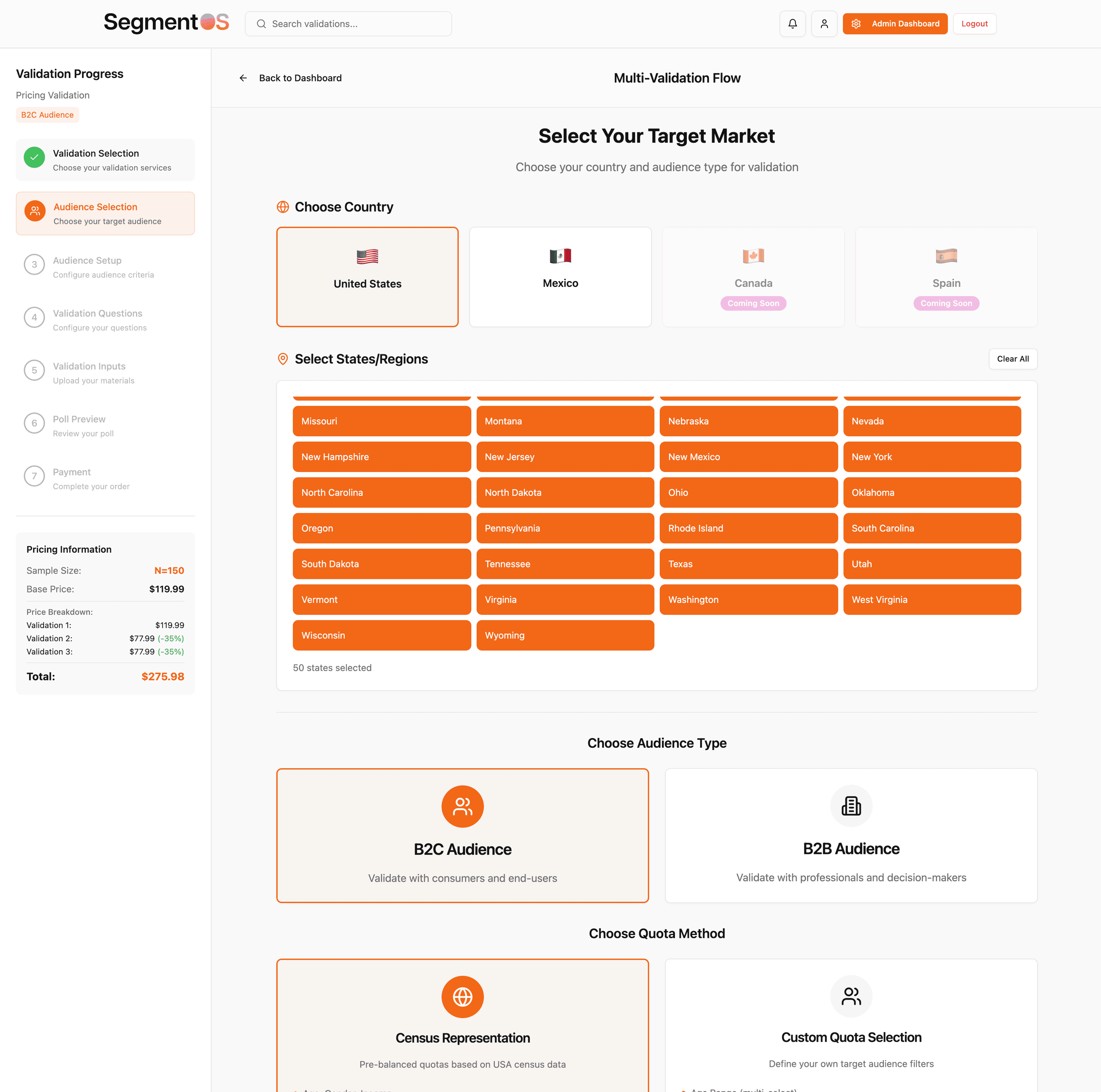 This is the Audience Selection interface. It allows a user to define their target market by first choosing a country, and then drilling down to select specific cities or regions like California, Texas, and New York.