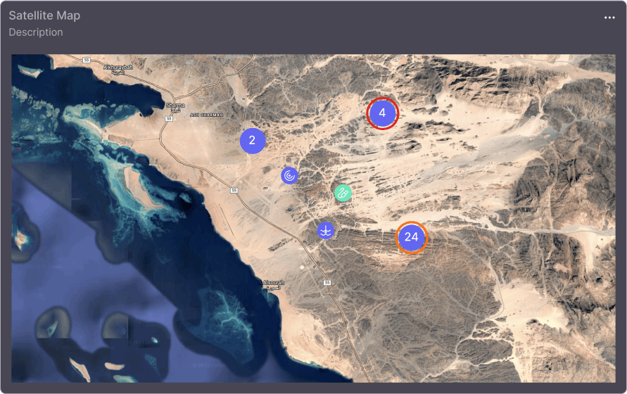 Satellite map panel displaying sensors positioned for monitoring.