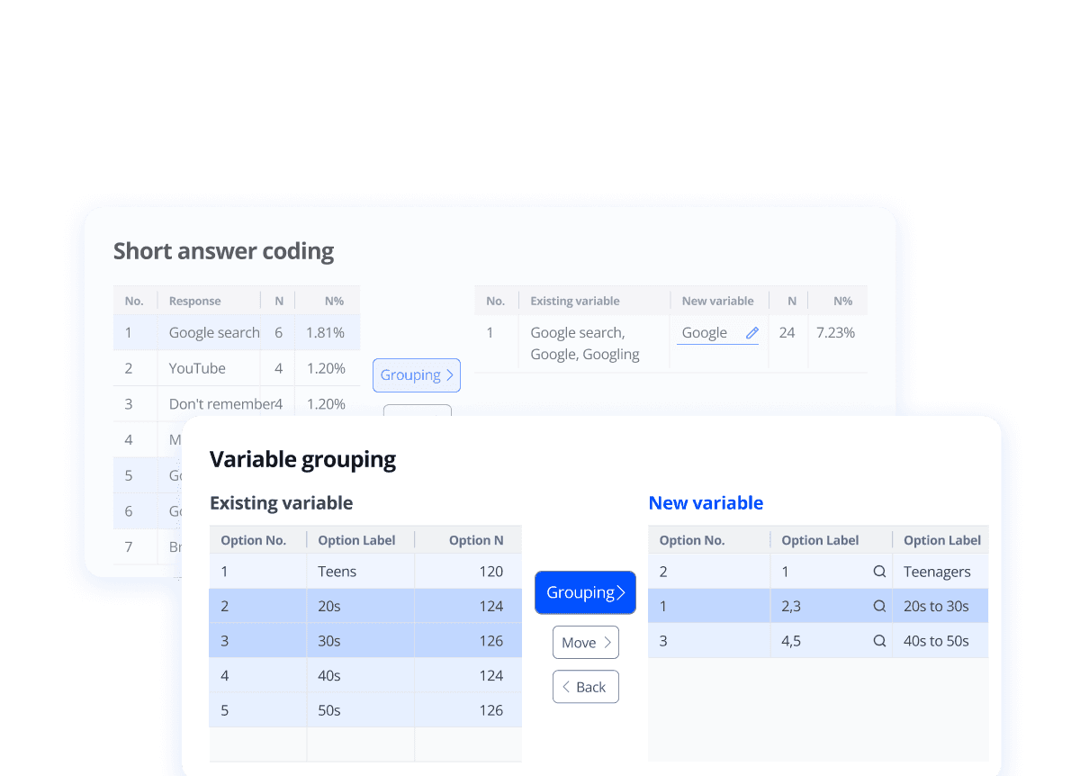Two interface panels displaying structured data tables with various rows and columns for user interaction.