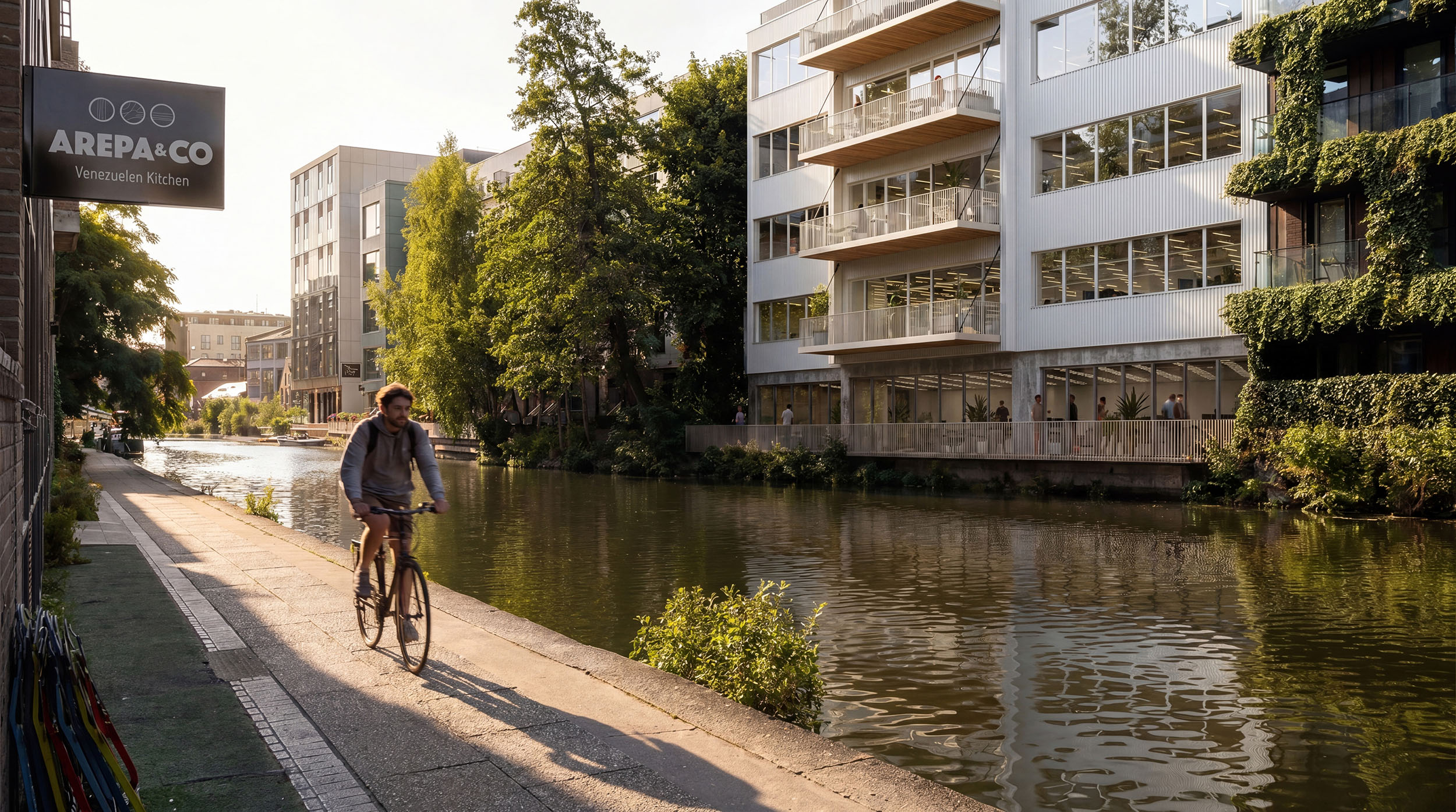 Architectural CGI render of modern canal-side property.