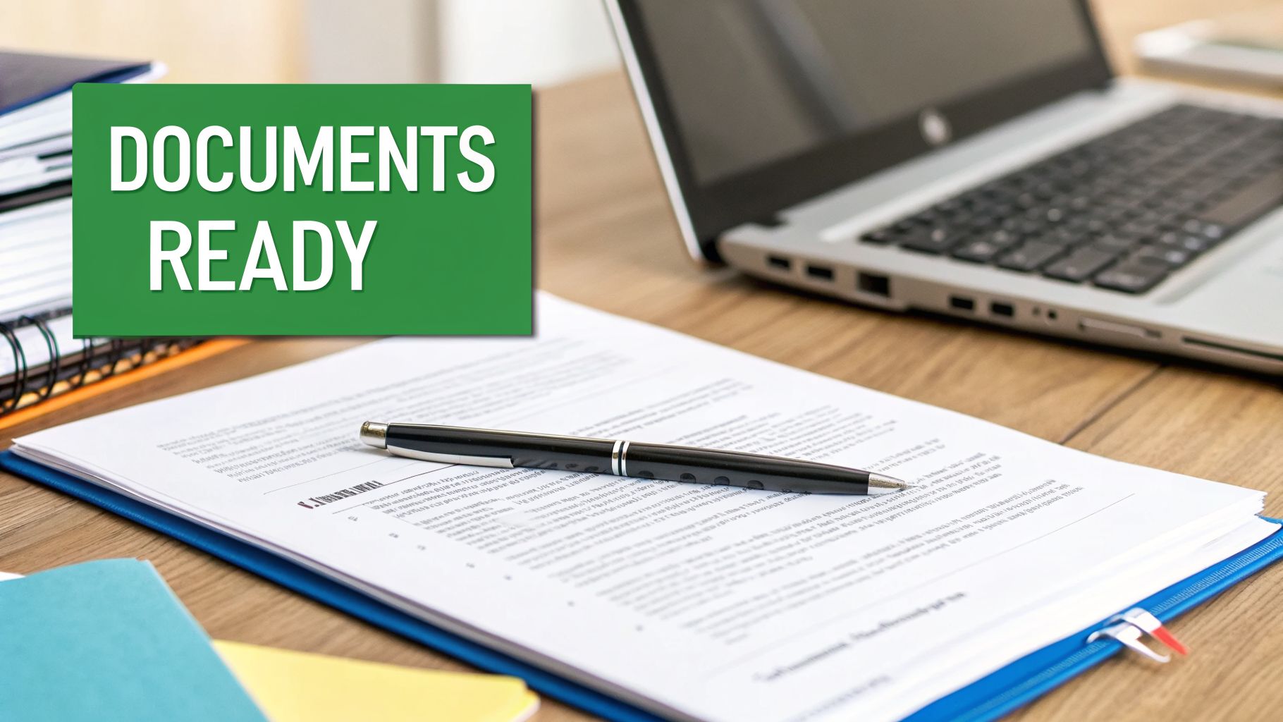 A desk setup with a laptop, documents, and a pen, featuring a 'DOCUMENTS READY' sign.