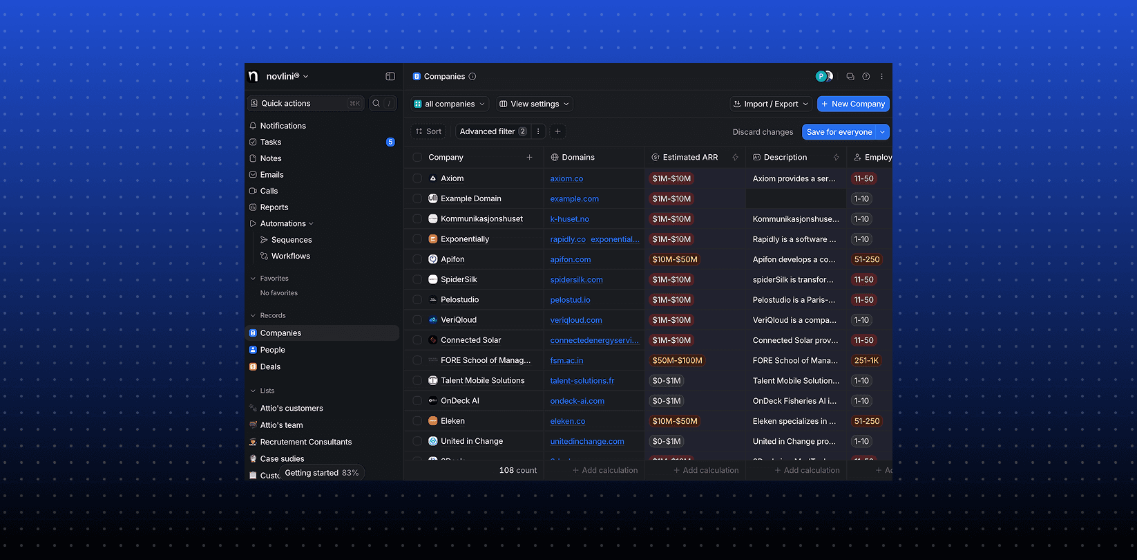 Attio -  Companies table in dark mode showing company names, domains, ARR badges, and description column; centered on a blue dotted background.