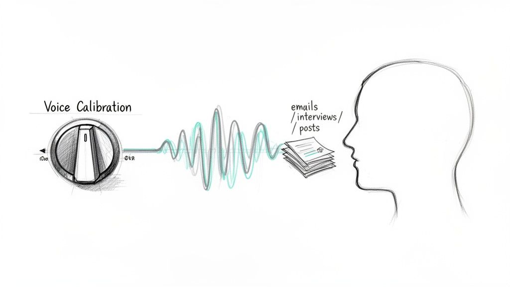 An illustration depicting 'Voice Calibration' process, from a knob through sound waves, content, to a human head.