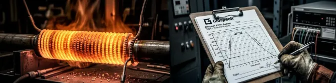 Split panel showing electric resistance heating coils on pipe weld joint and signed thermocouple chart with PWHT soak band record, Glospech Vereeniging