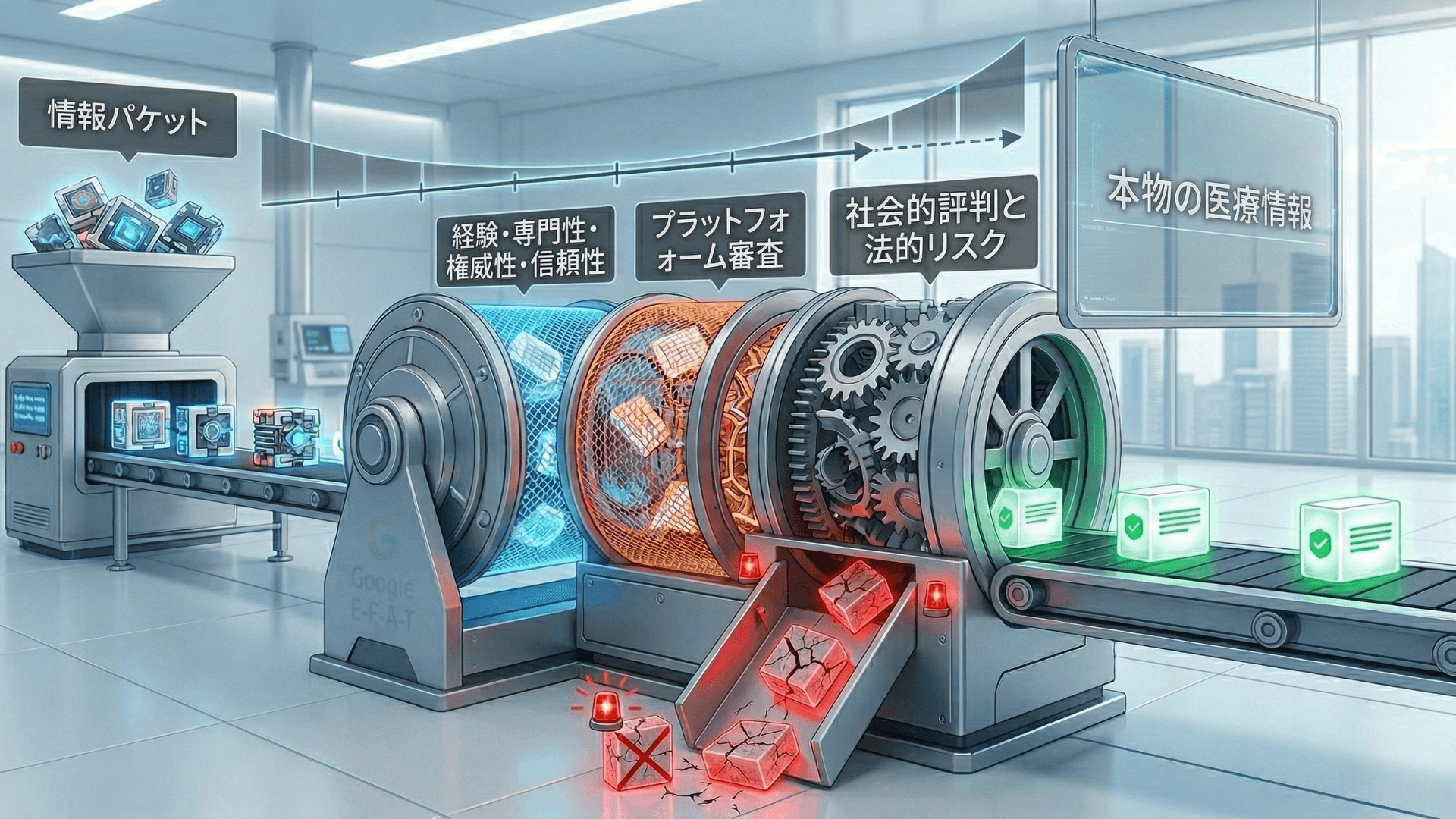 形式的医師監修が淘汰される3つのフィルター｜E-E-A-T・プラットフォーム審査・社会的評判の図解