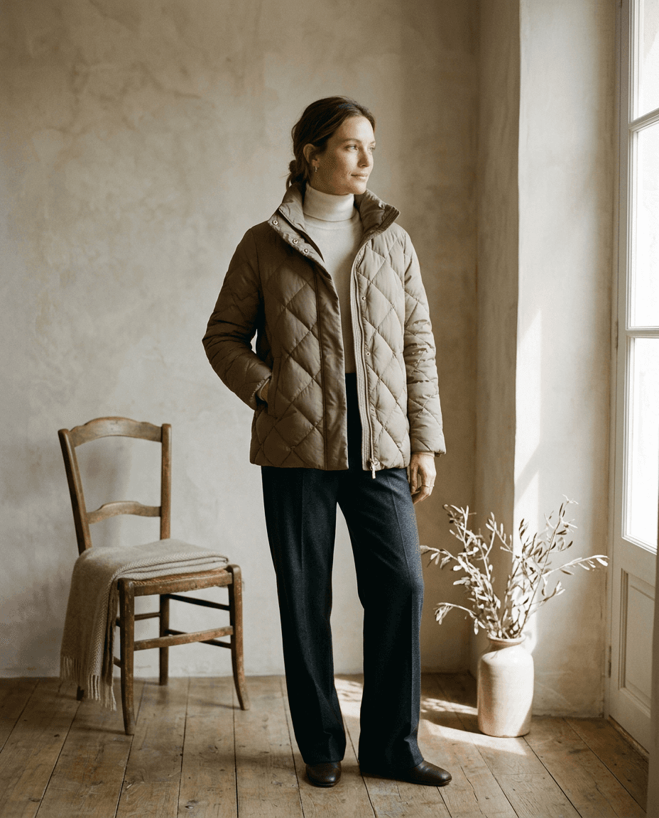 Quilted Stone Down Jacket — Taupe — editorial