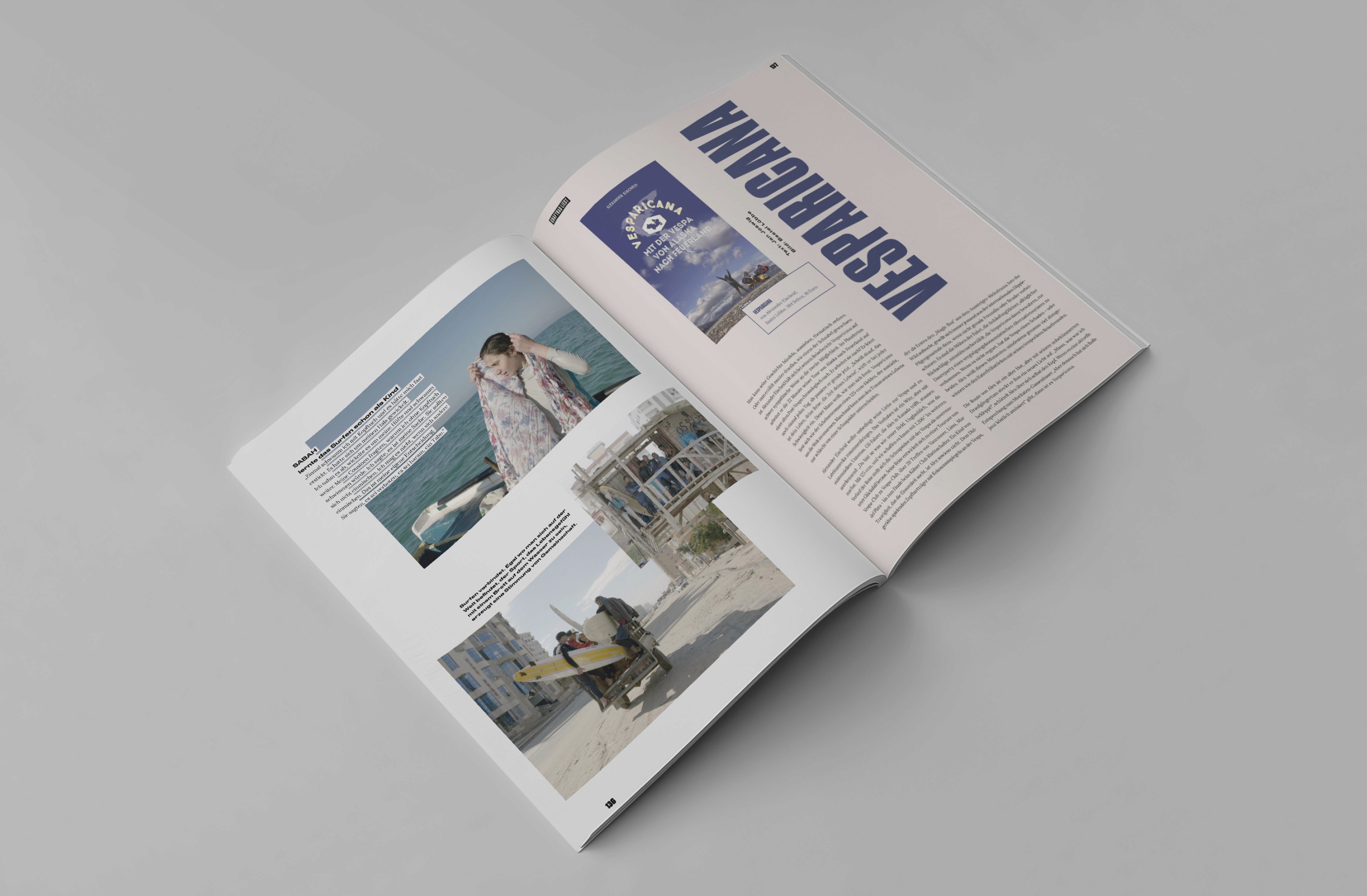 Open magazine layout featuring coastal photography and design elements, highlighting travel themes and visual storytelling.