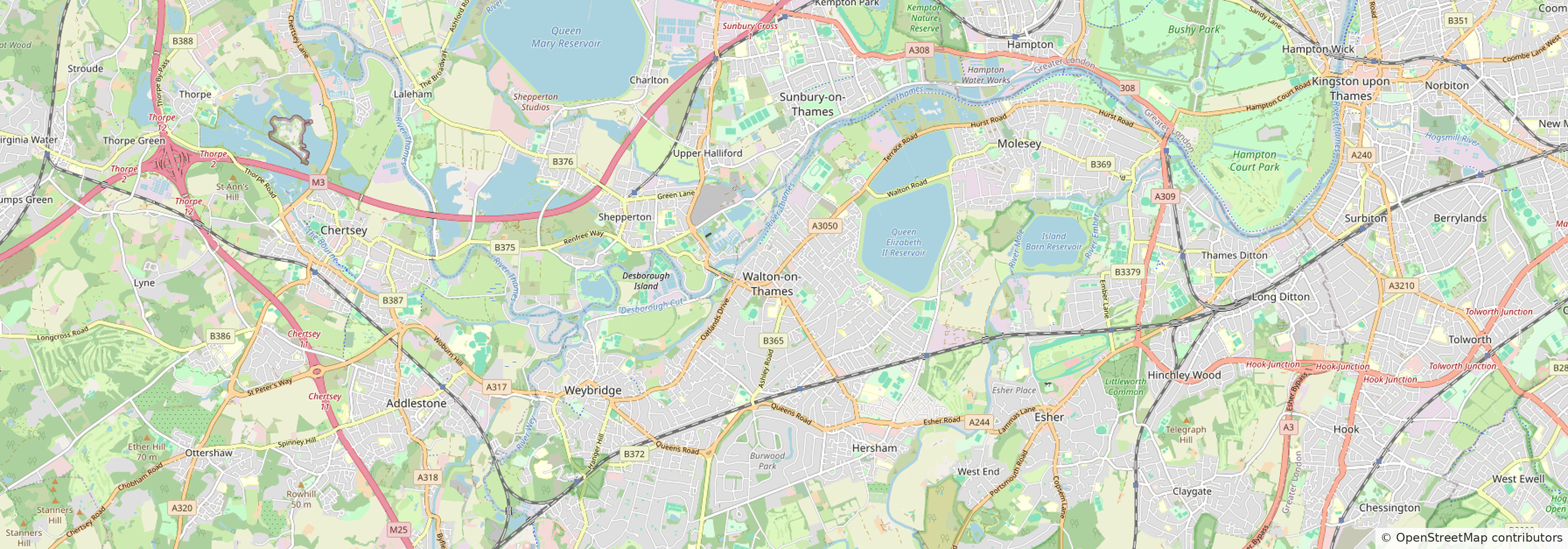 Street map of Walton-on-Thames, Surrey showing the Thames, main roads and nearby towns