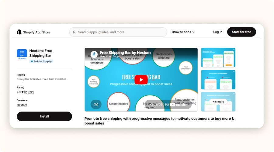 Shopify App Store listing for Hextom free shipping bar app