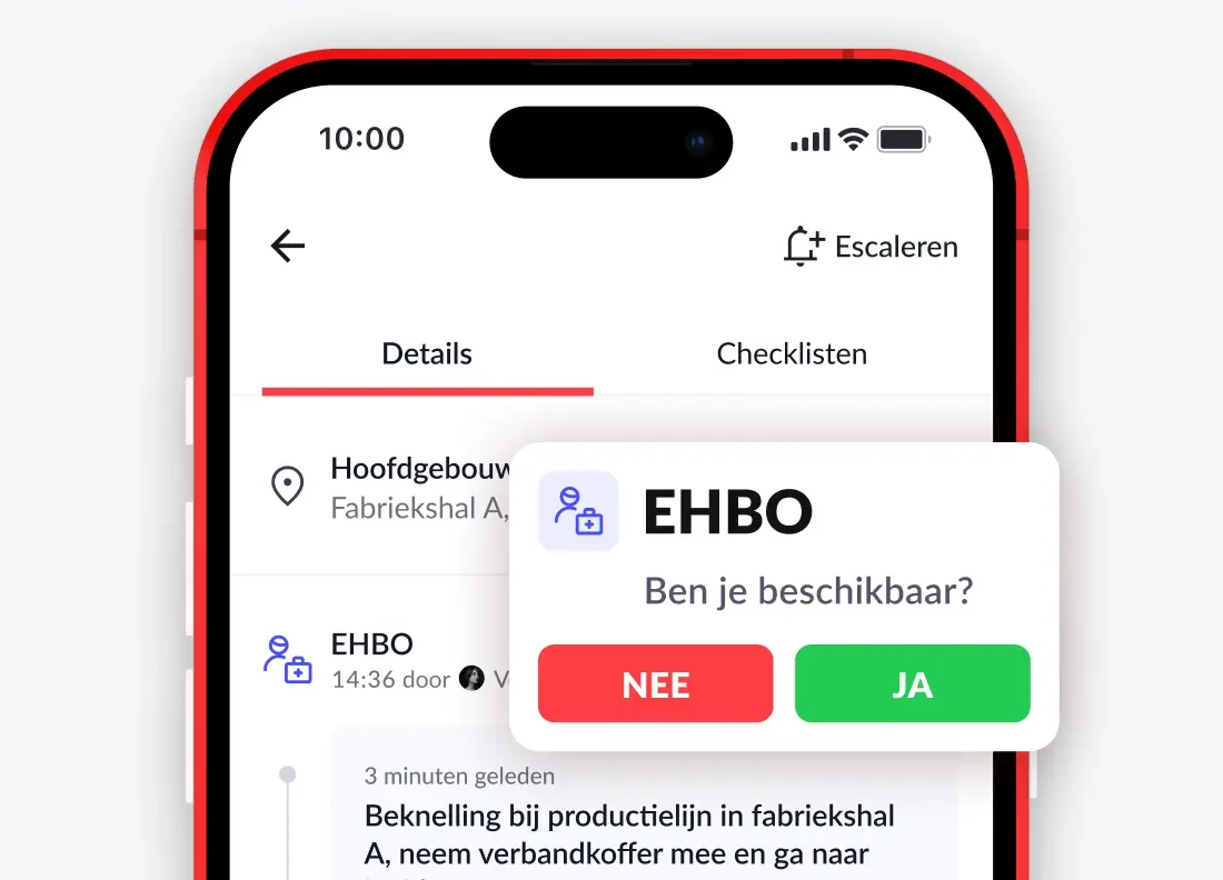 Safeguard-app met oproep EHBO: ben je beschikbaar, met knoppen nee en ja