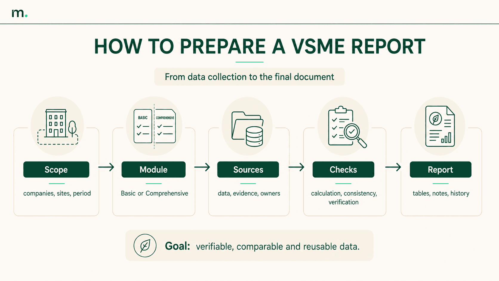 Five-step process for preparing a VSME report, from defining the company scope to final publication.