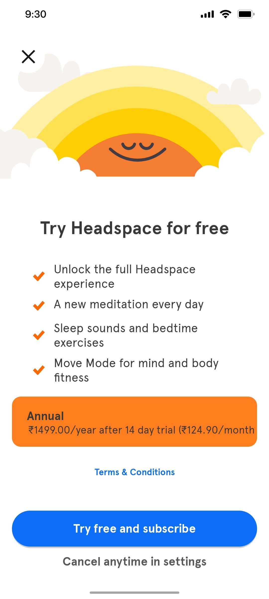 Headspace Subscription screen