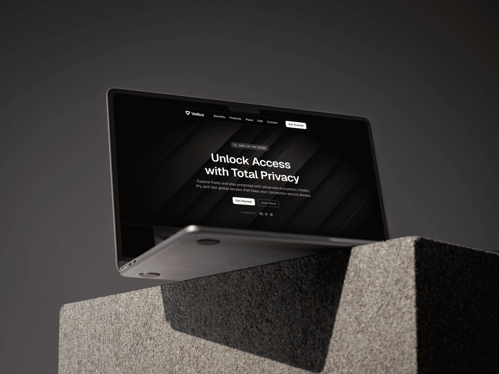 Minimal dark SaaS website template displayed on a floating laptop, focused on privacy and conversion-driven design