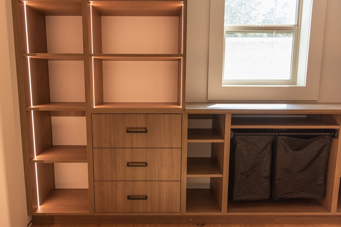 Custom bar cabinetry with open shelving