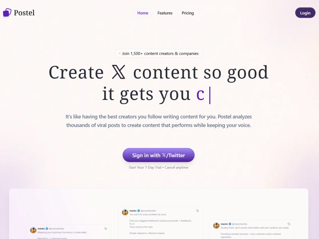 Postel homepage: create viral content effortlessly with user testimonials.