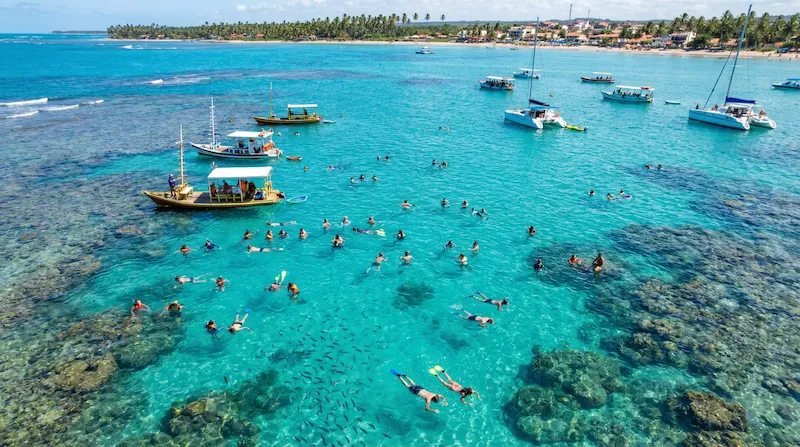 Turistas nas águas cristalinas das piscinas naturais de Maragogi