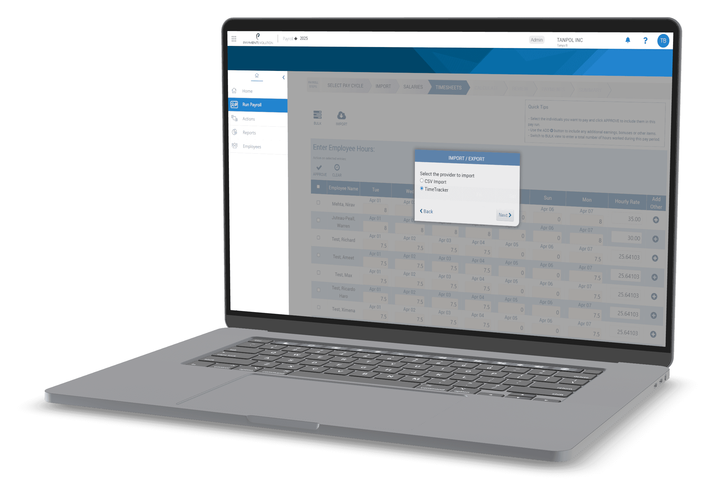 PayEvo payroll interface showing one-click time import dialog for seamlessly transferring TimeTracker hours into payroll processing