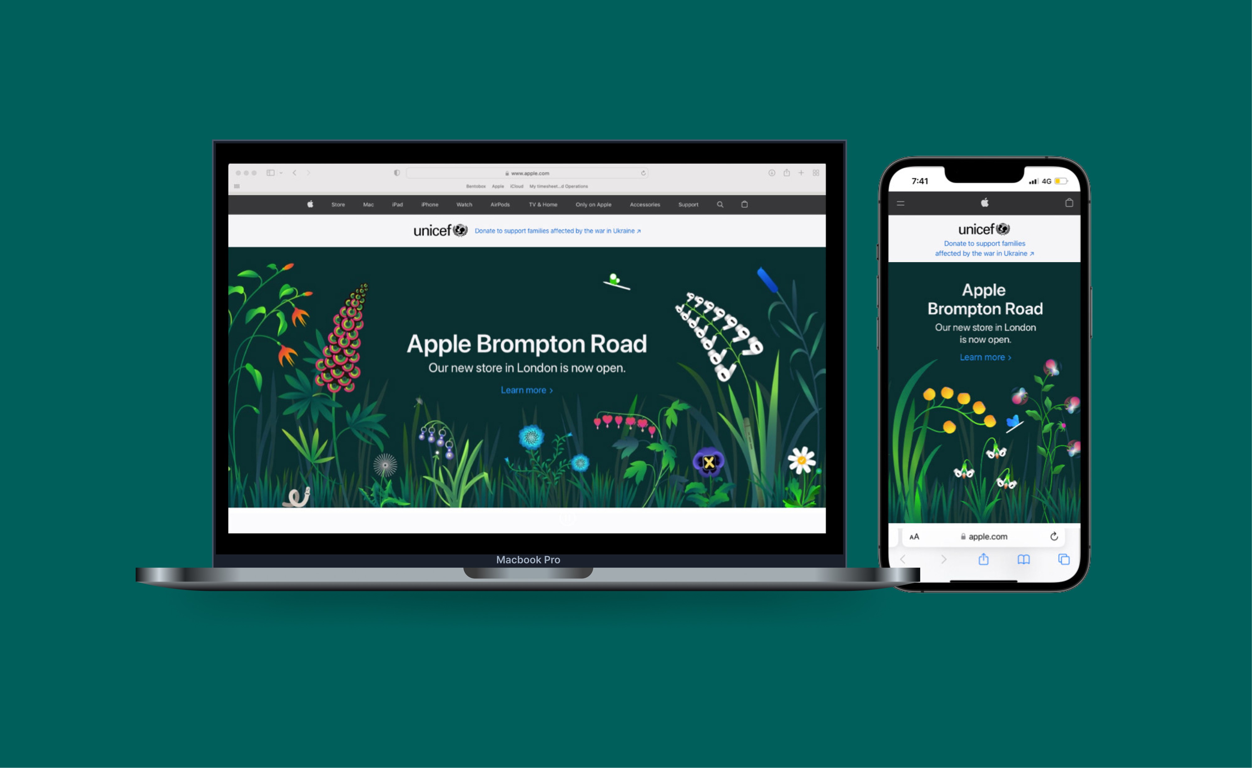 The hero visual on the apple homepage on desktop and mobile showcasing the upcoming opening of Apple Brompton Road