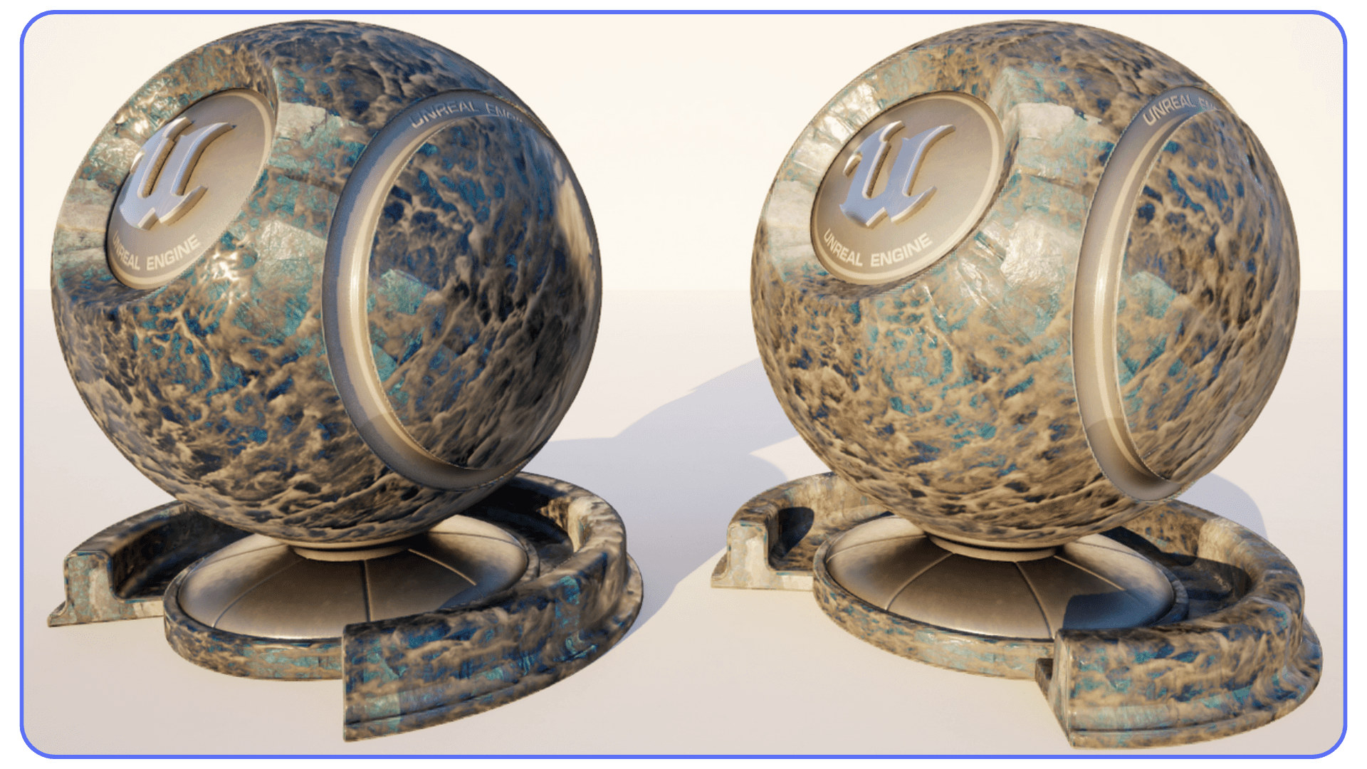 Two Substrate material preview spheres in Unreal Engine 5.7 showcasing layered, high-detail surface reflections and texture complexity.