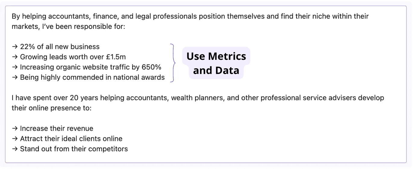 How to use metrics and data to write the perfect about me section on LinkedIn