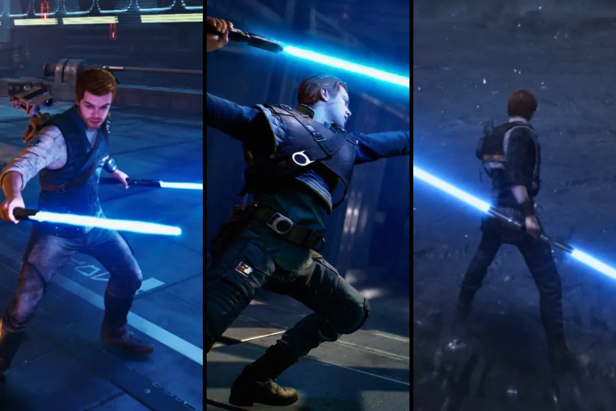 A triptych of Cal Kestis wielding his blue lightsaber in three different combat stances from the Star Wars Jedi series. The left panel shows him dual-wielding lightsabers in an aggressive stance, the center panel features him executing a powerful overhead swing with a single blade, and the right panel depicts him holding a double-bladed lightsaber, prepared for battle.