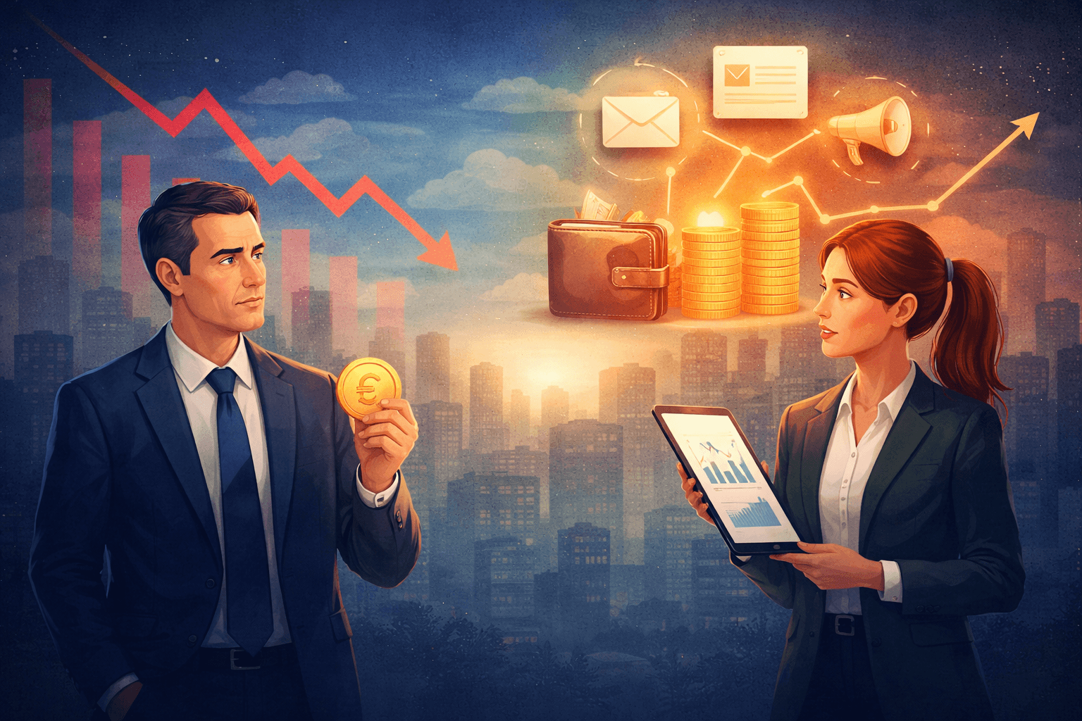 Deux professionnels analysent des graphiques et un budget pour décider d’investir en communication.