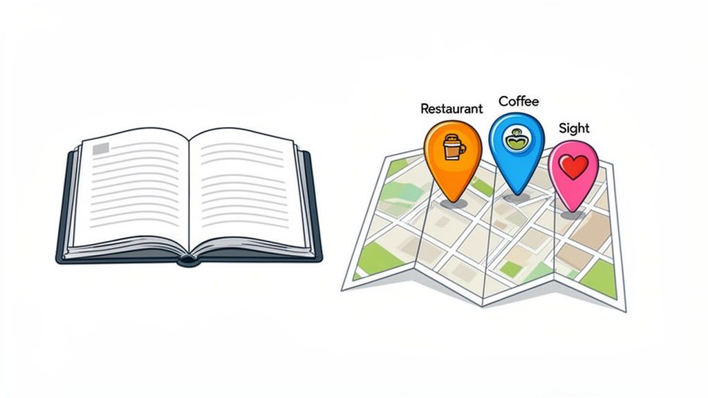 An open book next to a map with location pins for restaurant, coffee, and sights.