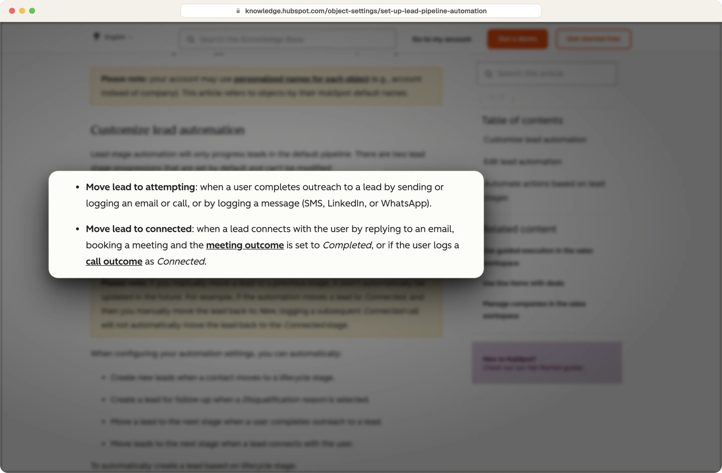 HubSpot lead pipeline automation rules that move a lead to Attempting and Connected, highlighted
