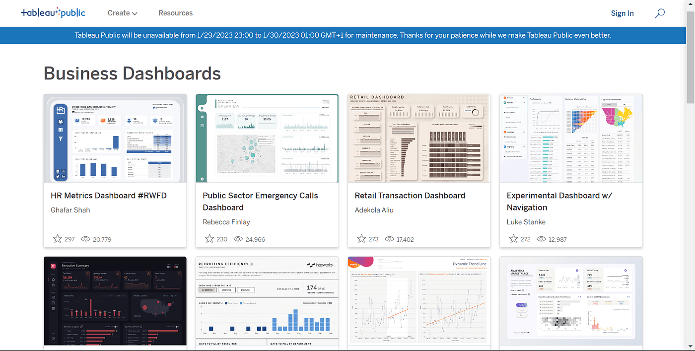 A screenshot showing the Tableau Public Page containing Business Dashboard visualizations